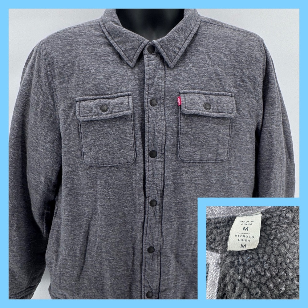 Levis Shirt Jacket Mens‎ M Grey Sherpa Lined Cotton Snap Front Shacket